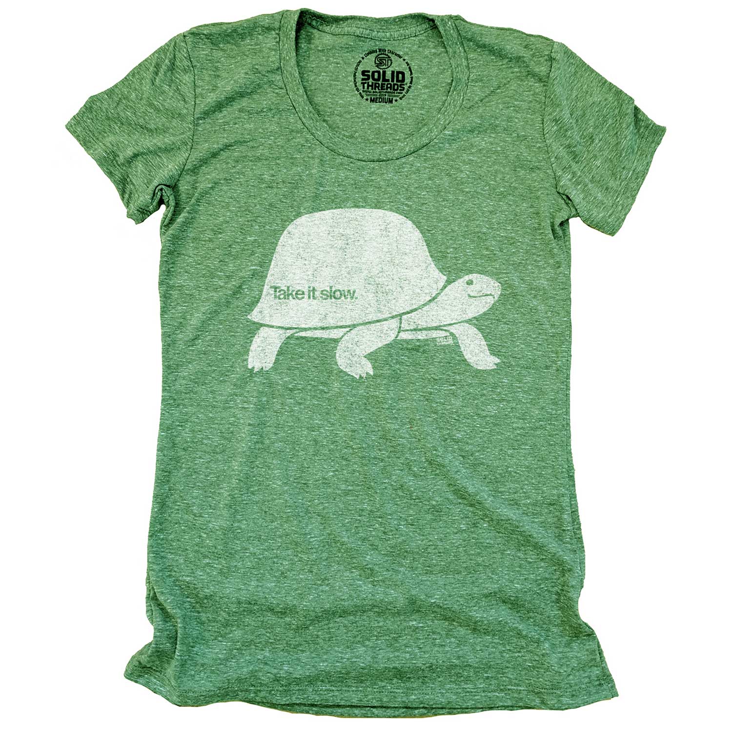Women's Take It Slow Vintage Turtle Graphic T-Shirt | Cool Mindfulness Soft T-Shirt | Solid Threads