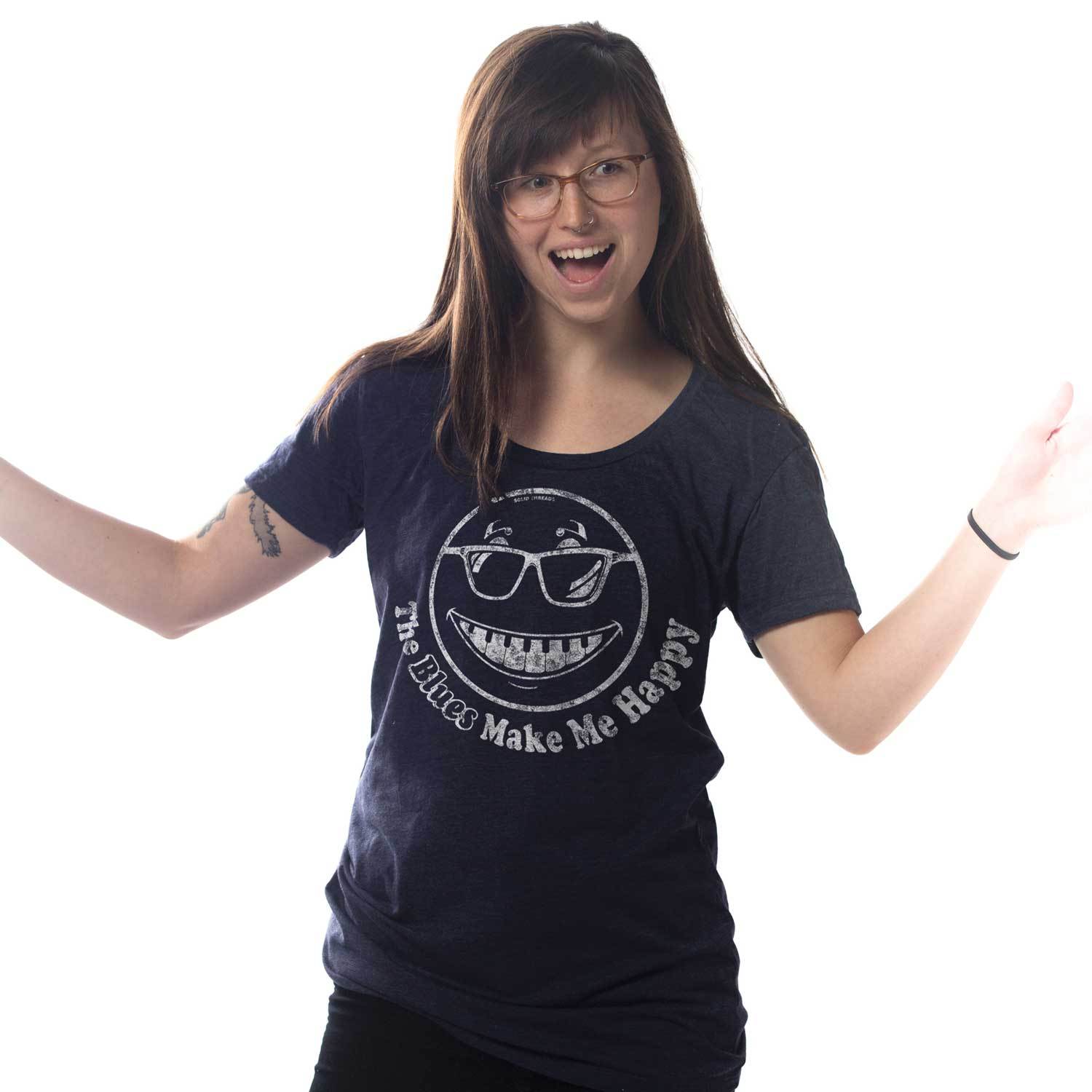 Women's The Blues Make Me Happy Cool Graphic T-Shirt | Vintage Music Tee on Model | Solid Threads