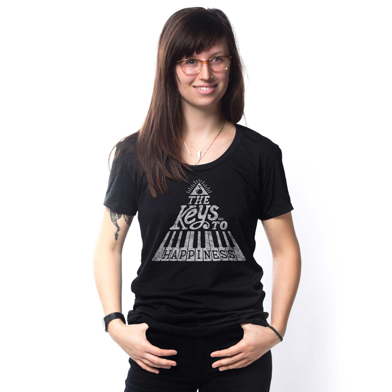 Women's The Keys To Happiness Vintage T-Shirt | Funny Piano Graphic Tee On Model | Solid Threads