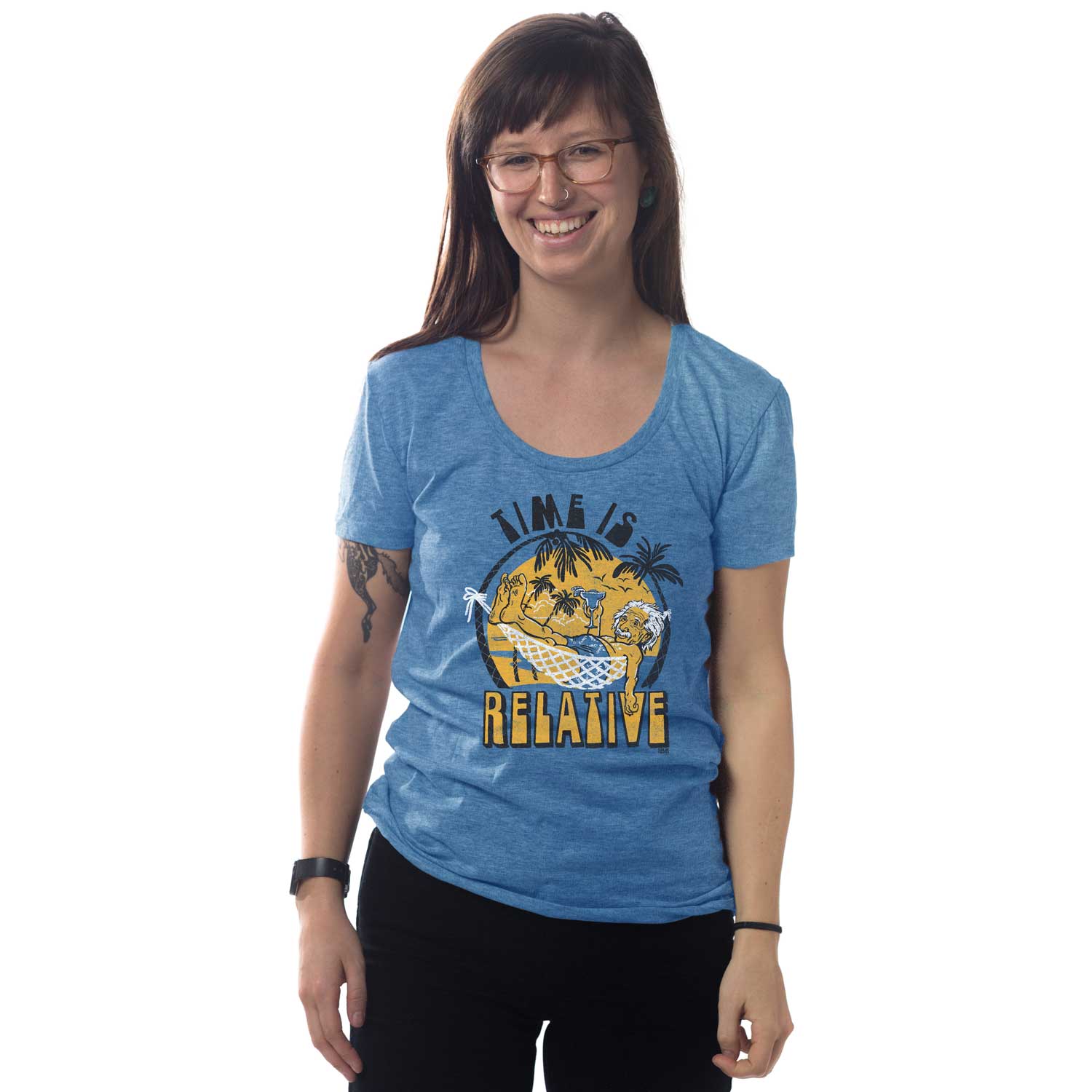 Women's Time Is Relative Vintage Graphic Tee | Funny Einstein Pink Blue T-shirt | Solid Threads