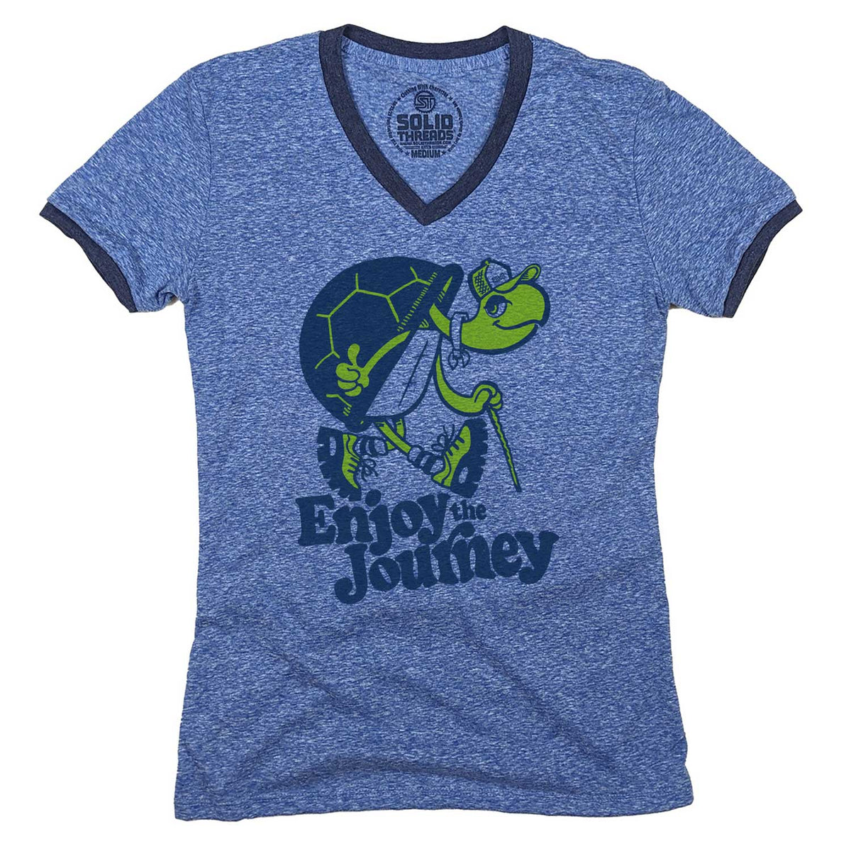 Women&#39;s Turtle Enjoy the Journey Vintage Graphic V-Neck Tee | Funny Turtle T-shirt | Solid Threads