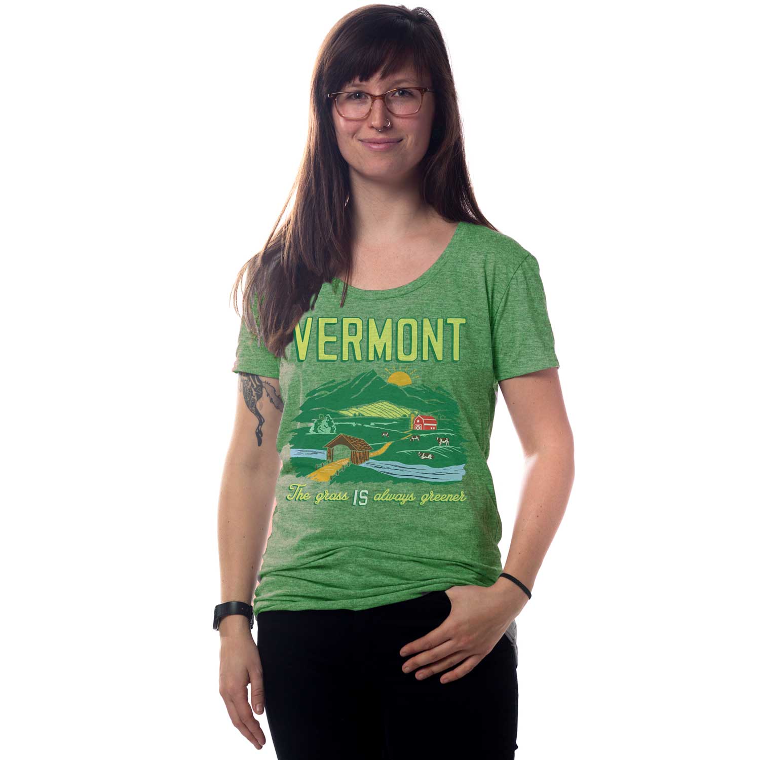 Women's Vermont Grass is Always Greener Graphic Tee | Retro Farm T-Shirt on Model | Solid Threads