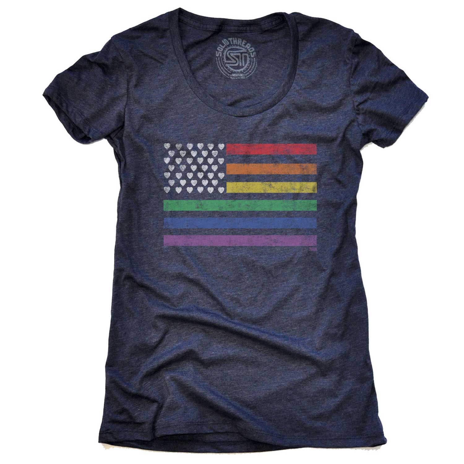 Women's American Pride Cool Rainbow Flag Graphic T-Shirt | Vintage LGBTQ Tee | Solid Threads