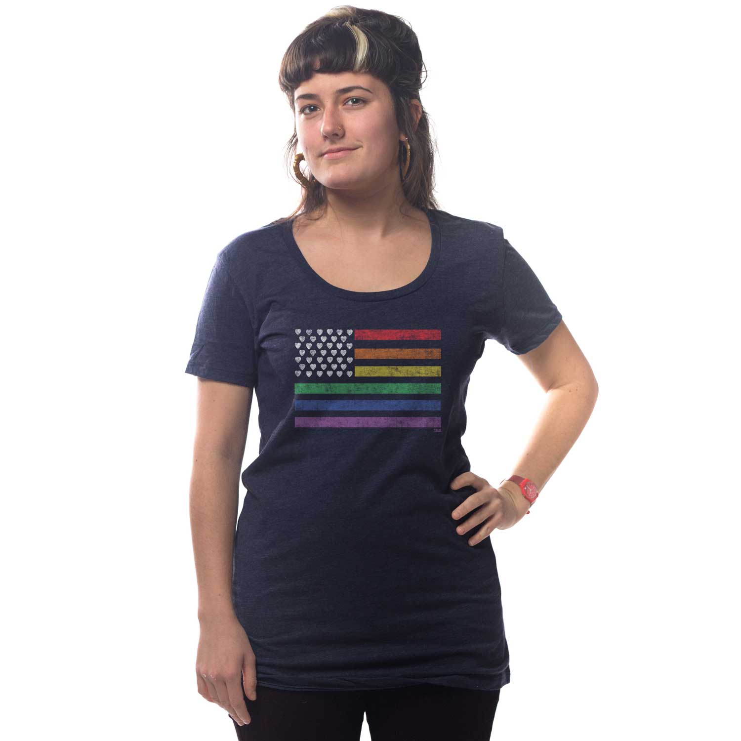 Women's American Pride Cool Rainbow Graphic T-Shirt | Vintage LGBTQ Tee on Model | Solid Threads