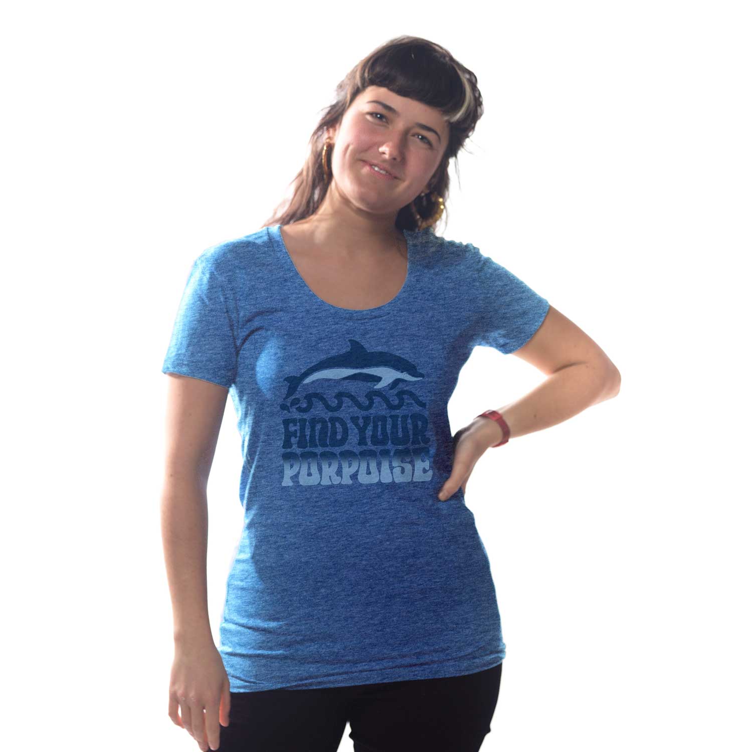 Women's Find Your Porpoise Cool Graphic T-Shirt | Funny Dolphin Tee on Model | Solid Threads
