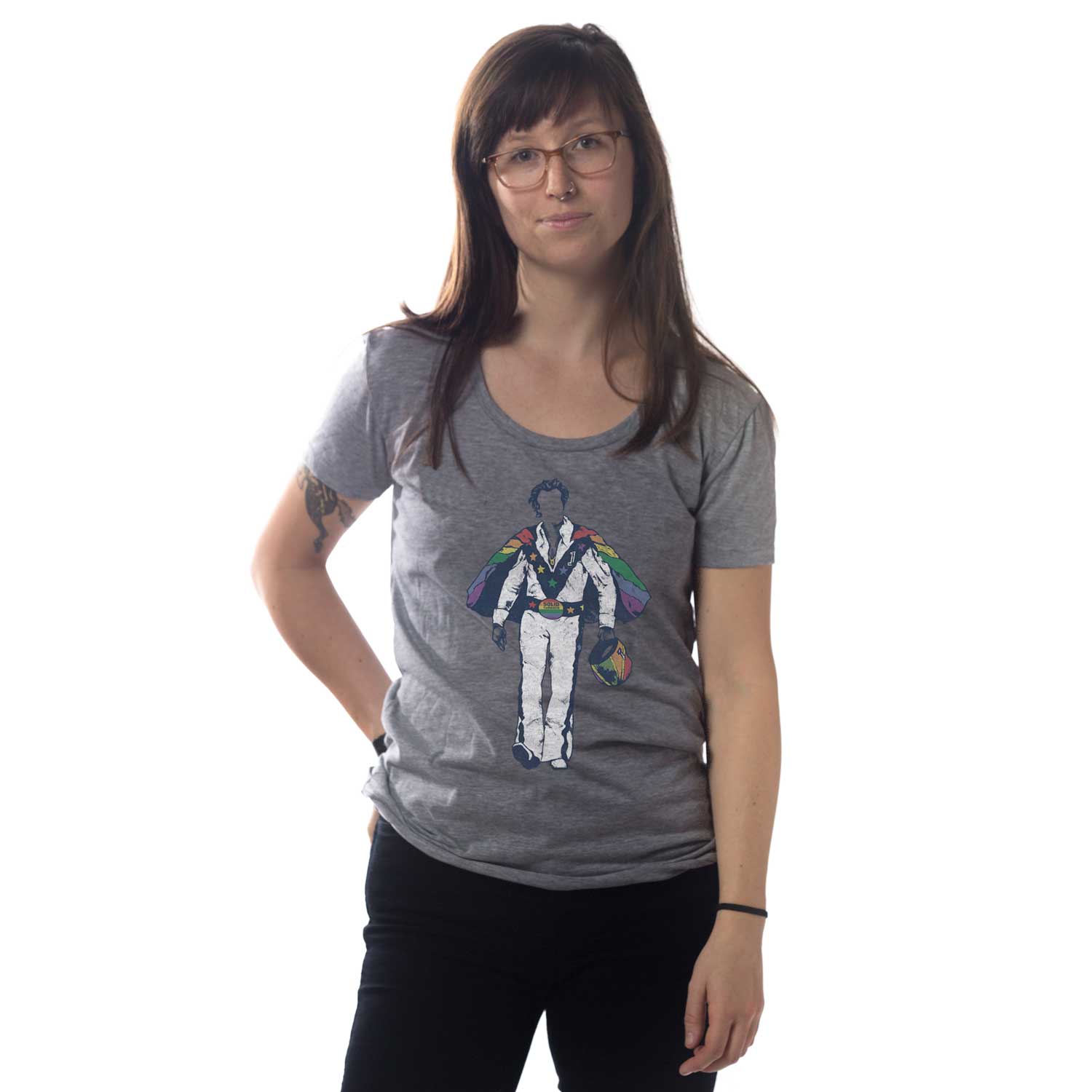 Women's Vintage Pride Daredevil Motorcyclist Graphic Tee | Retro LGBTQ Rainbow T-shirt on Model