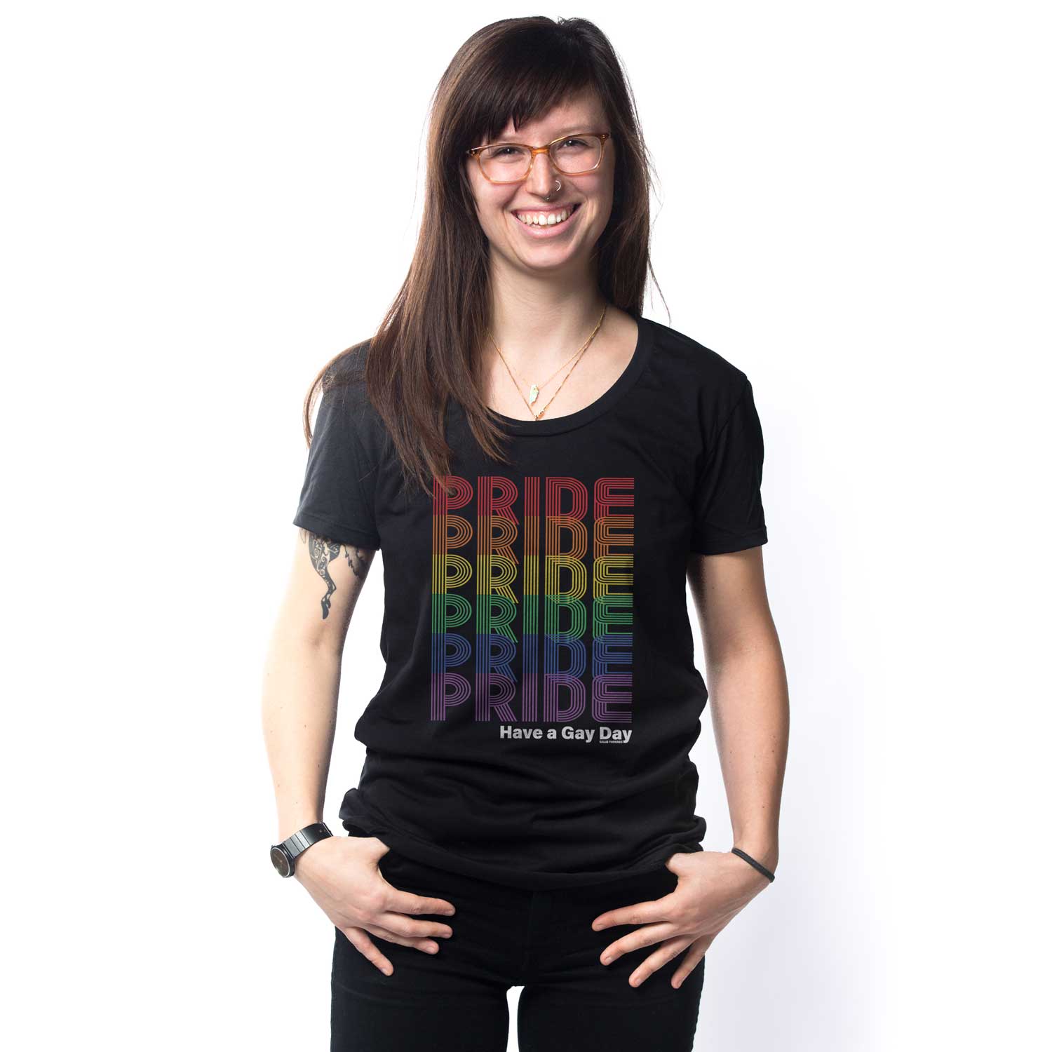 Women's Pride Rainbow Fade Cool Graphic T-Shirt | Vintage Support LGBTQ Tee on Model | Solid Threads