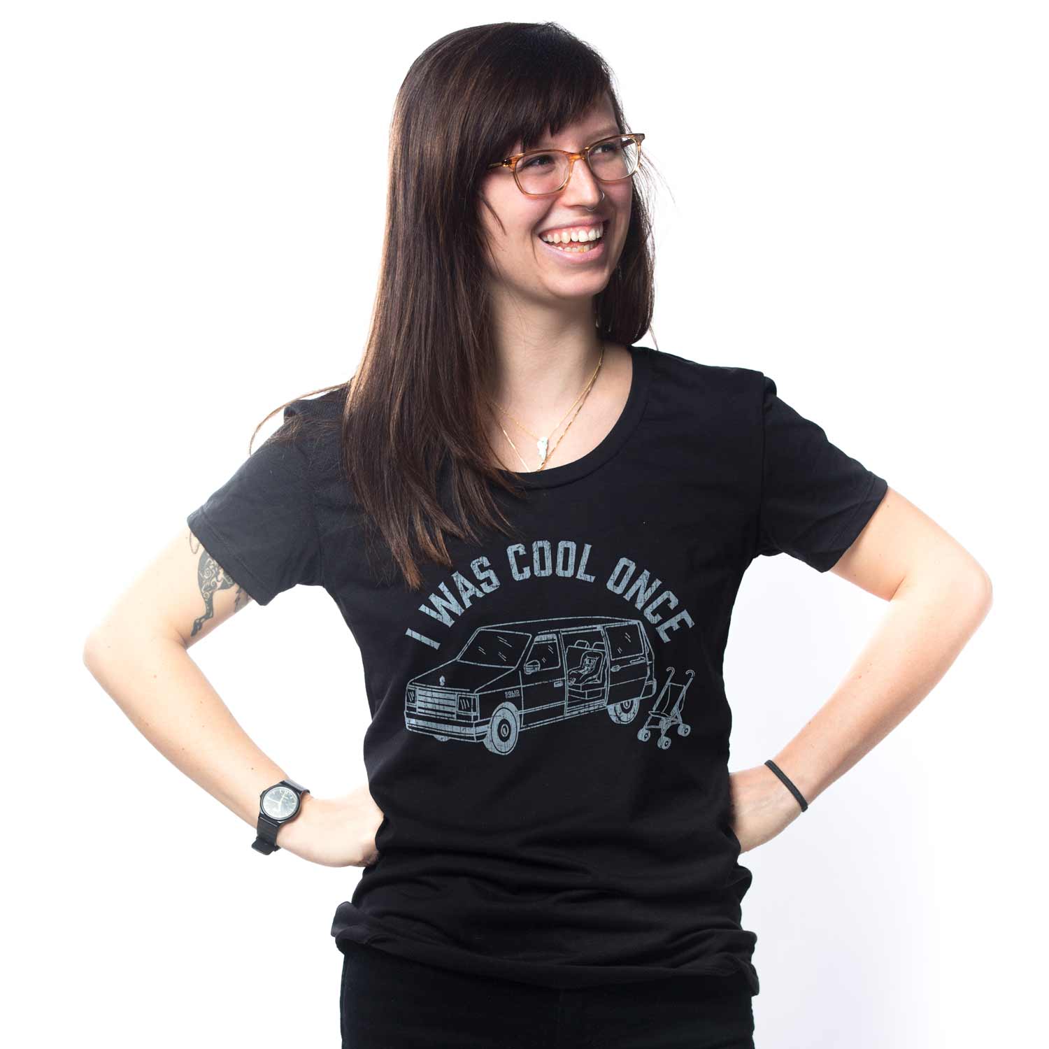 Women's Was Cool Once Funny Parenthood Graphic Tee | Retro New Mom T-shirt on Model | SOLID THREADS