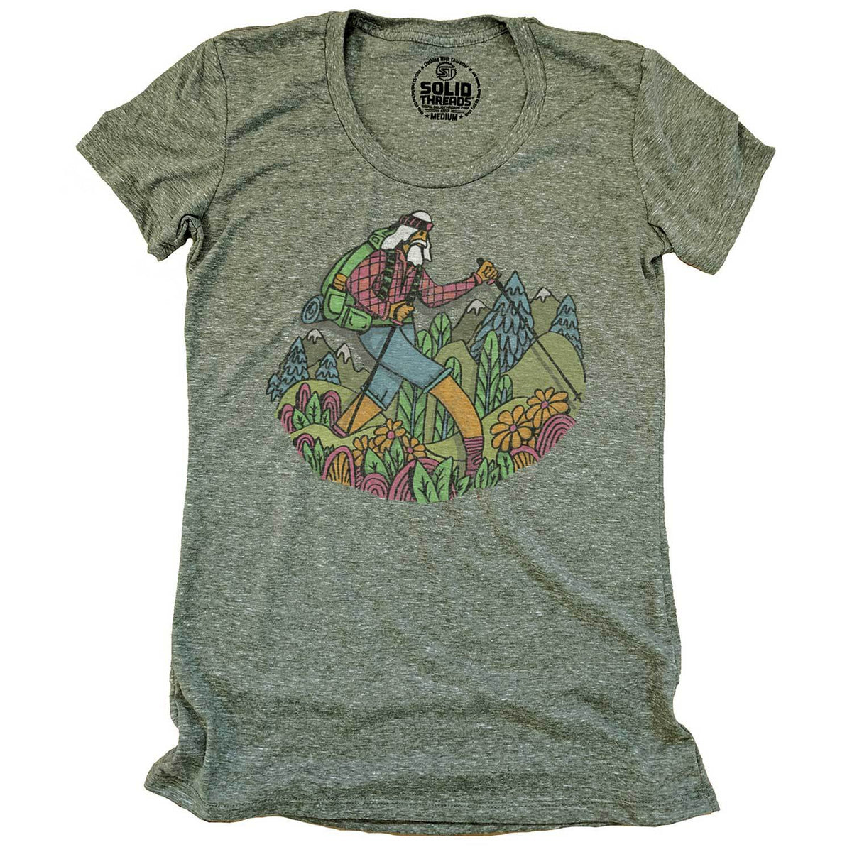 Women&#39;s Wise Hiker Artsy Vintage Mountain Graphic Tee | Retro Outdoorsy T-shirt | Solid Threads