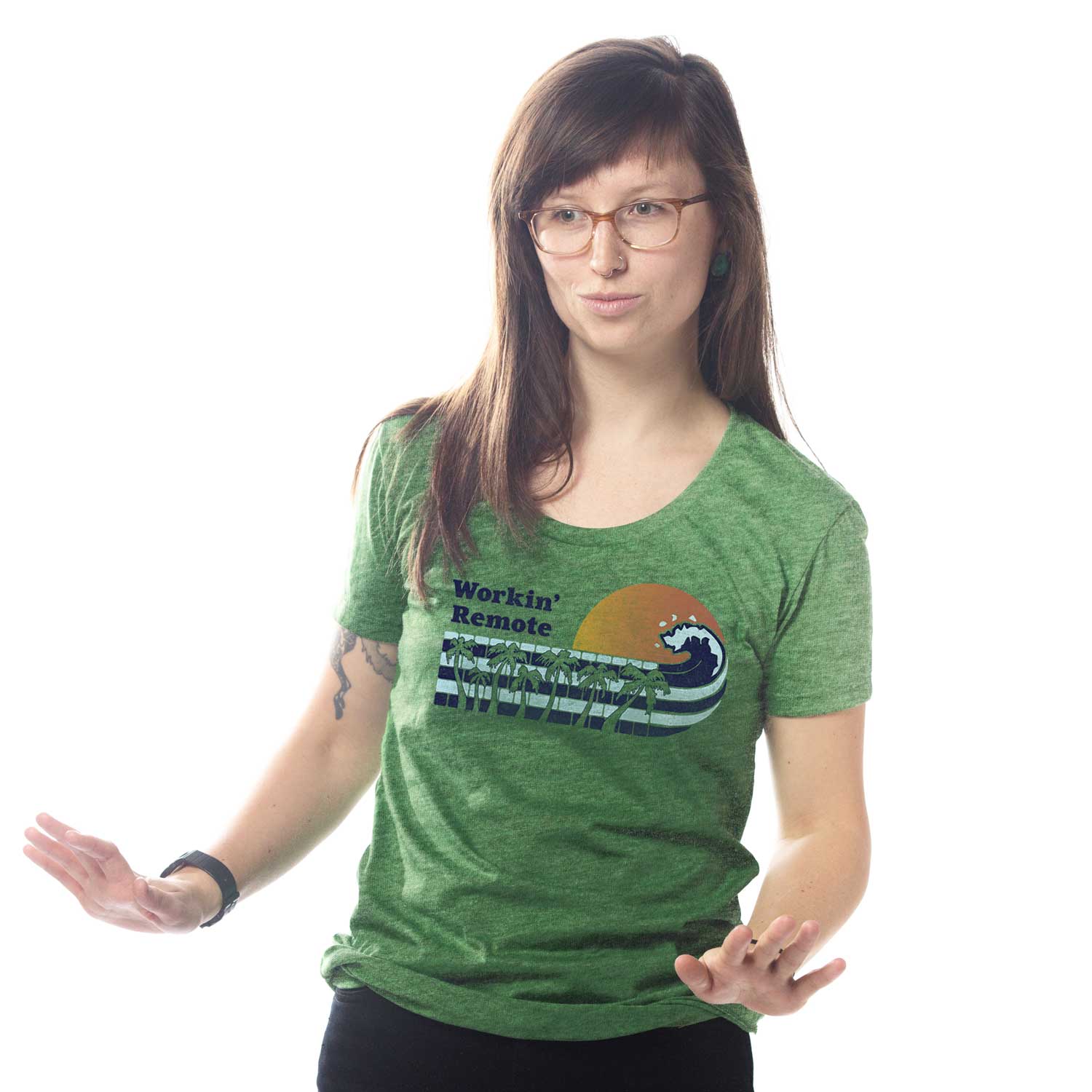 Women's Workin Remote Funny Surfing Waves Graphic Tee | Retro Beach T-shirt on Model | Solid Threads