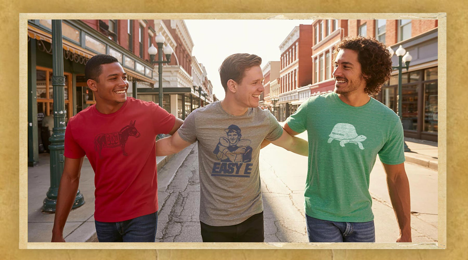Three male friends laughing and wearing best-selling Solid Threads funny vintage graphic t-shirts in a retro downtown scene.