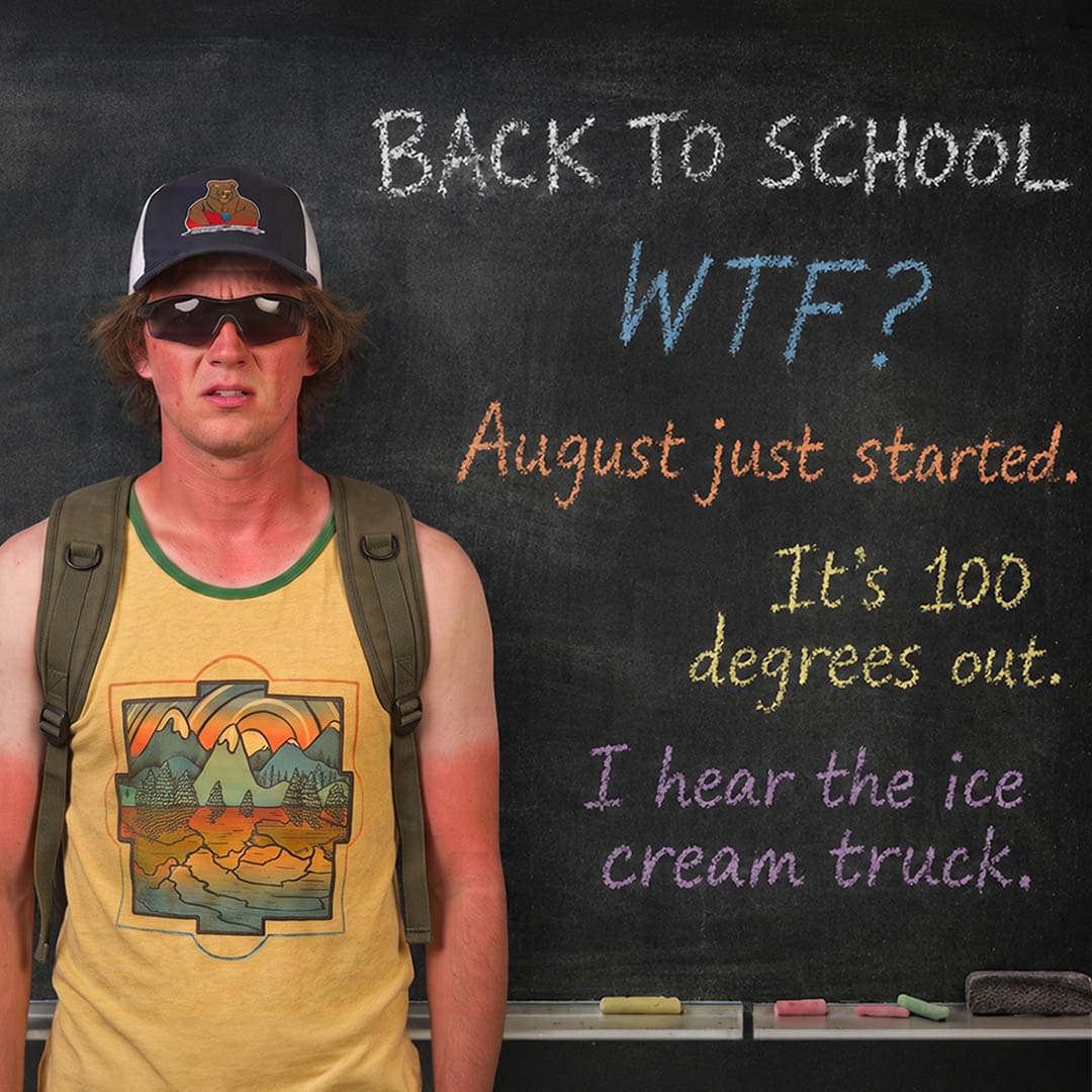 Sun-tanned person in a vintage-inspired solid threads tank top holds a pool noodle, poking fun and back to school season arriving before summer is over.