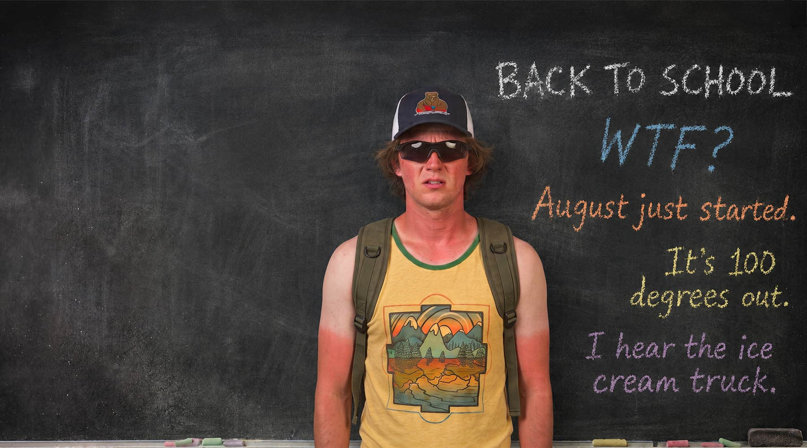 Sun-tanned person in a vintage-inspired solid threads tank top holds a pool noodle, poking fun and back to school season arriving before summer is over.