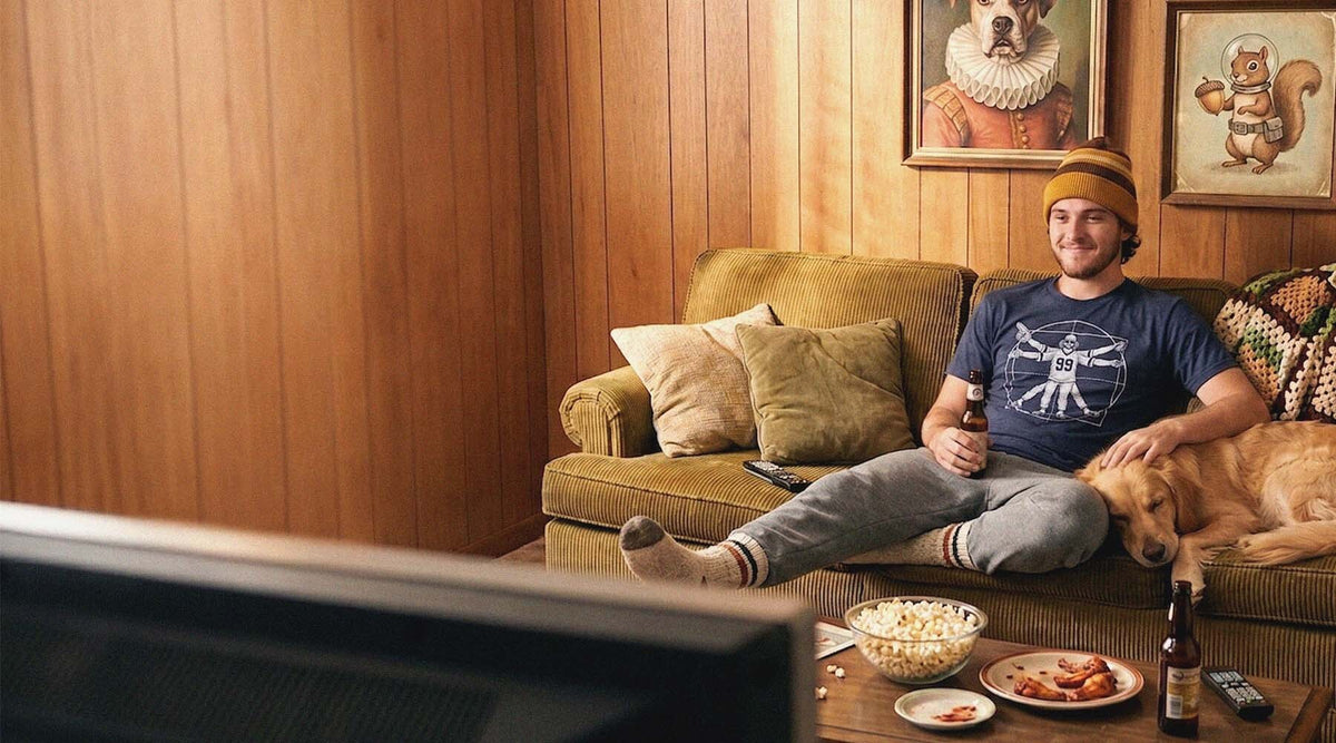 Man in a Solid Threads football graphic tee lounges on a retro corduroy couch with his dog, beer, popcorn and wings on game day.