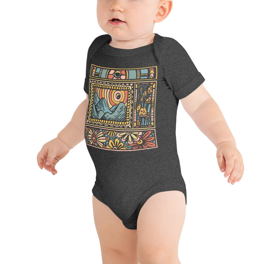 Baby Trippy Nature Cool Extra Soft One Piece | Retro Artsy Mountains Romper | Solid Threads