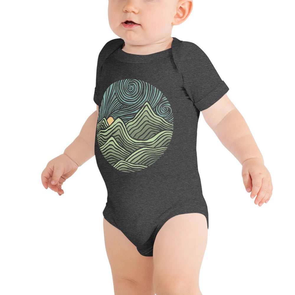 Baby Swirly Mountains Cool Extra Soft One Piece | Retro Artsy Nature Romper On Model | Solid Threads