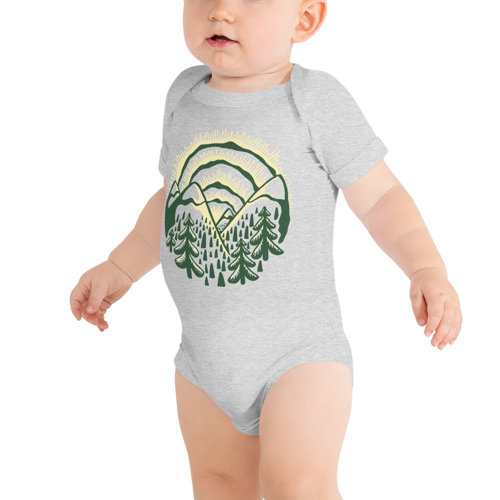 Baby Sunset Mountains Retro Extra Soft One Piece | Cool Artsy Nature Romper | Solid Threads