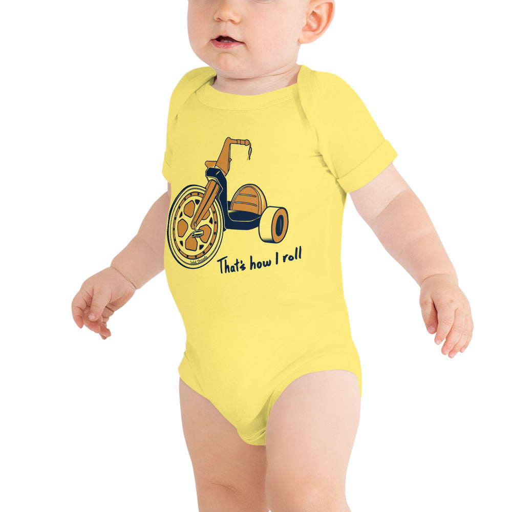 Baby That's How I Roll Funny Extra Soft One Piece | Retro Bicycle Romper On Model | Solid Threads