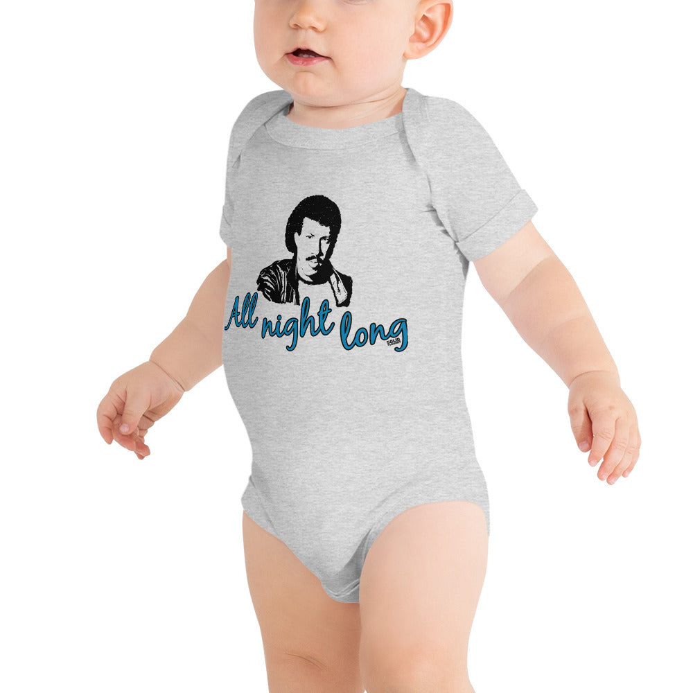 Baby All Night Long Retro Extra Soft One Piece | Cool Lionel Richie Romper On Model | Solid Threads