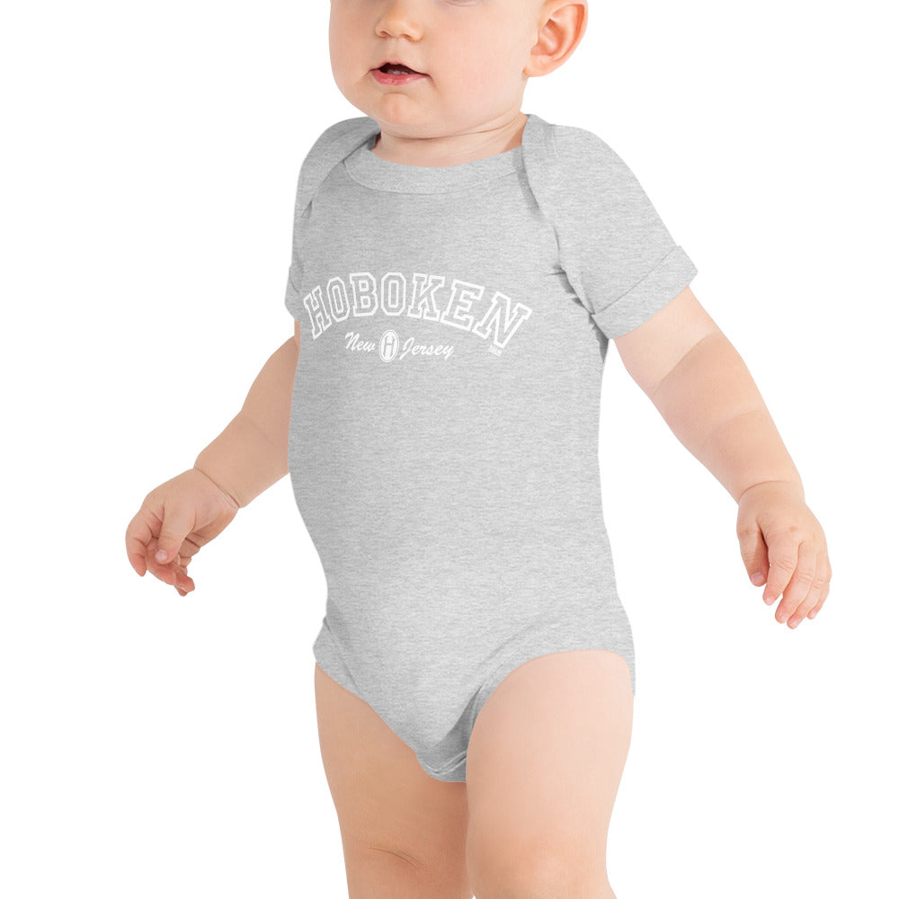 Baby Hoboken Collegiate Cool Extra Soft One Piece | Retro New Jersey Romper On Model | Solid Threads