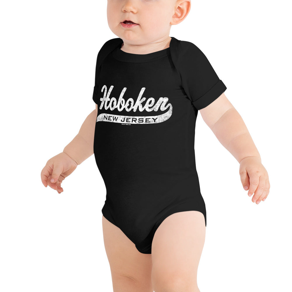 Baby Hoboken NJ Script Cool Extra Soft One Piece | Retro Academia Romper On Model | Solid Threads