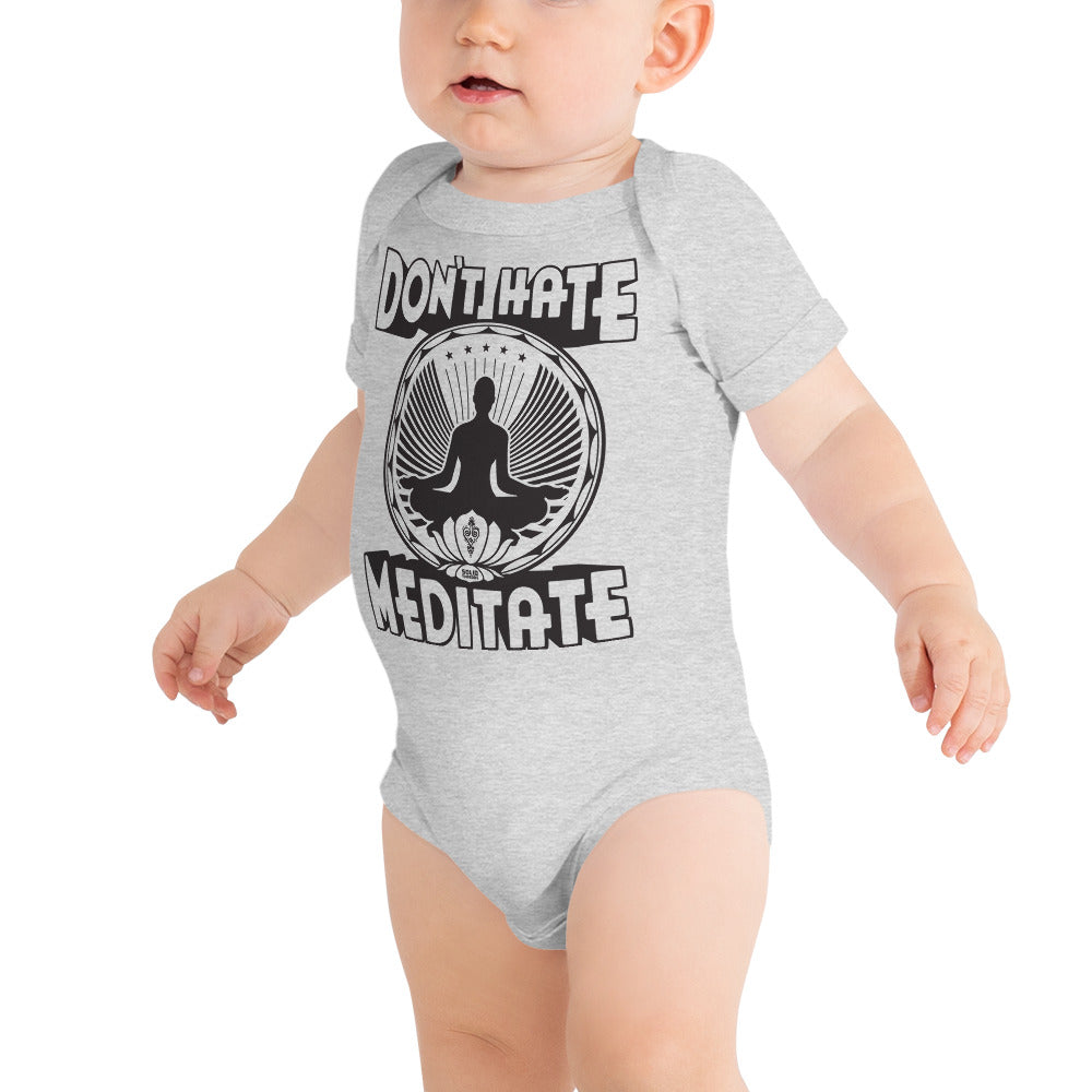 Baby Don't Hate Meditate Cool Extra Soft One Piece | Retro Cute Yogi Romper On Model | Solid Threads