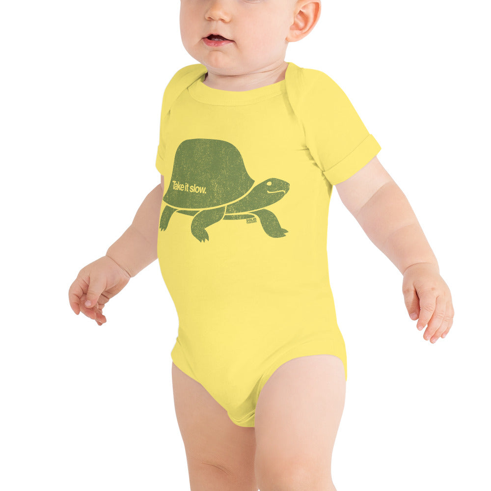Baby Take It Slow Retro Beach Extra Soft One Piece | Cool Sea Turtle Romper | Solid Threads