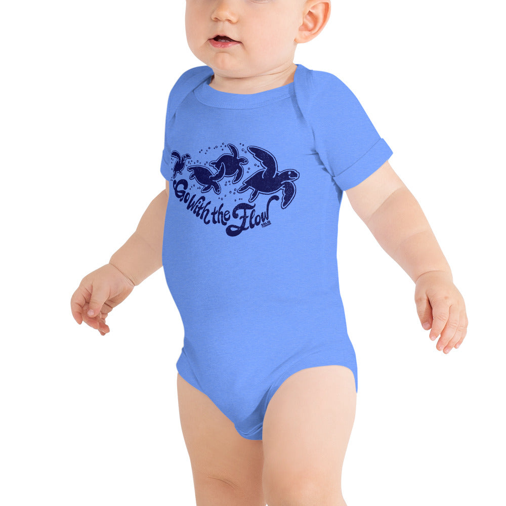 Baby Go With The Flow Retro Extra Soft One Piece | Cool Sea Turtle Romper On Model | Solid Threads