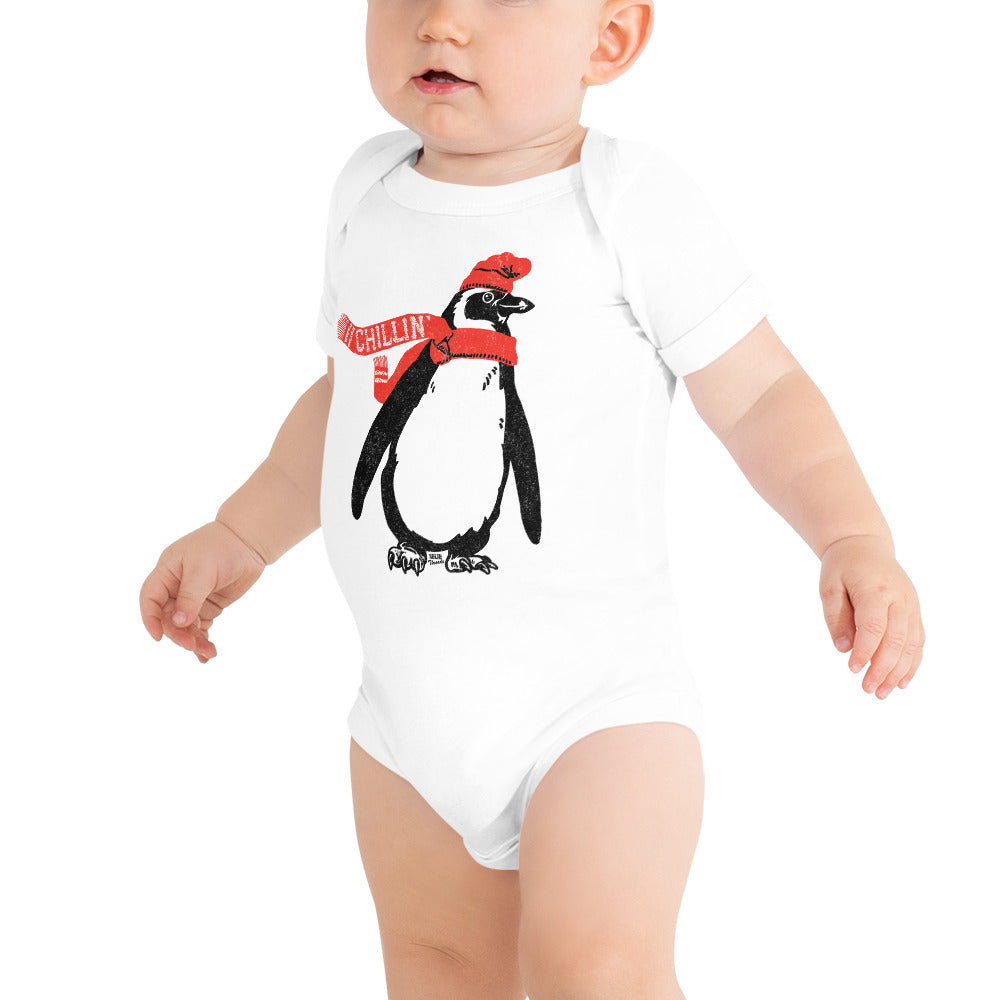 Baby Chillin Cool Winter Extra Soft One Piece | Retro Cute Penguin Romper On Model | Solid Threads