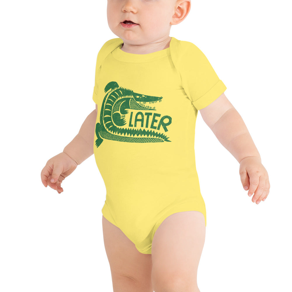 Baby Later Gator Retro Reptile Extra Soft One Piece | Funny Beach Romper On Model | Solid Threads