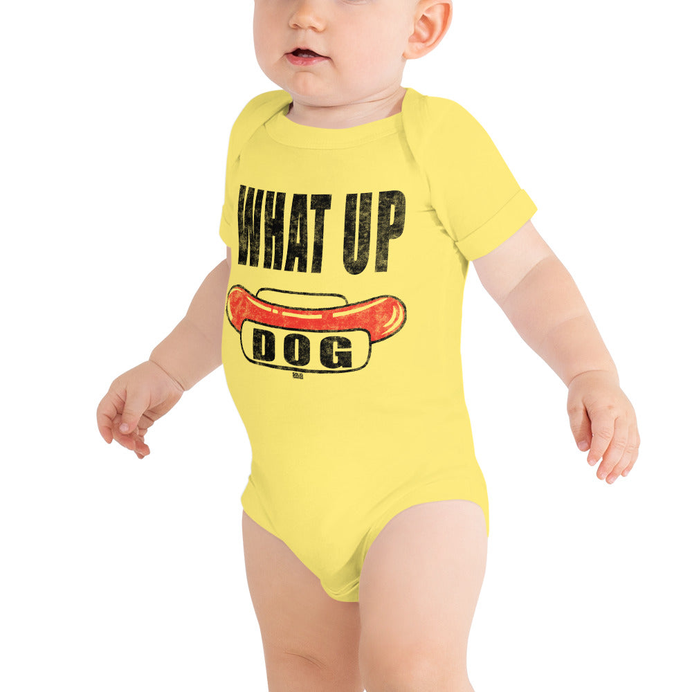 Baby What Up Dog Retro Extra Soft One Piece | Funny Barbecue Food Romper On Model | Solid Threads