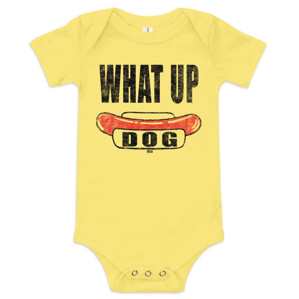 Baby What Up Dog Retro Extra Soft One Piece | Funny Barbecue Food Romper | Solid Threads