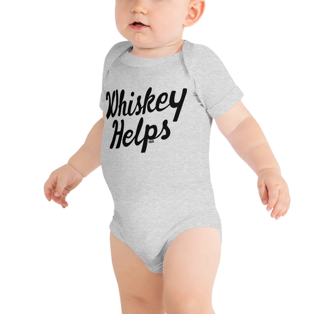 Baby Whiskey Helps New Parent Extra Soft One Piece | Funny Drinking Romper On Model | Solid Threads
