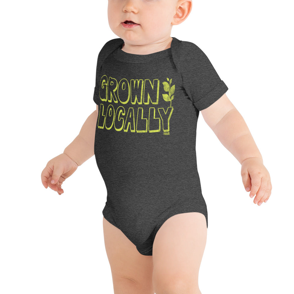 Baby Grown Locally Cool Extra Soft One Piece | Retro Farm To Table Romper On Model | Solid Threads
