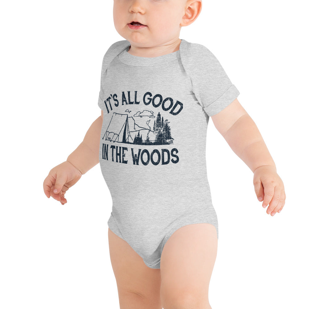 Baby All Good In The Woods Retro Extra Soft One Piece | Cool Camping Romper On Model | Solid Threads
