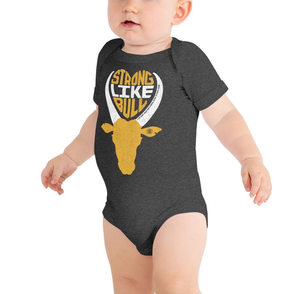 Baby Strong Like Bull Cool Extra Soft One Piece | Retro 80s Movie Romper On Model | Solid Threads
