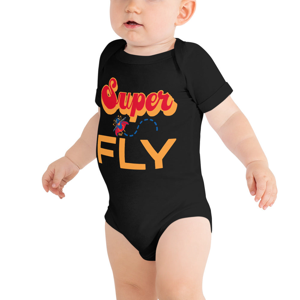Baby Superfly Retro 70s Extra Soft One Piece | Funny Curtis Mayfield Romper On Model | Solid Threads