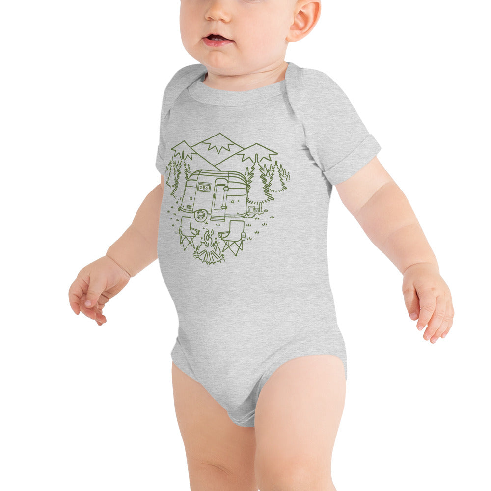 Baby Camp Site Retro Hiking Extra Soft One Piece | Cool Mountains Romper On Model | Solid Threads