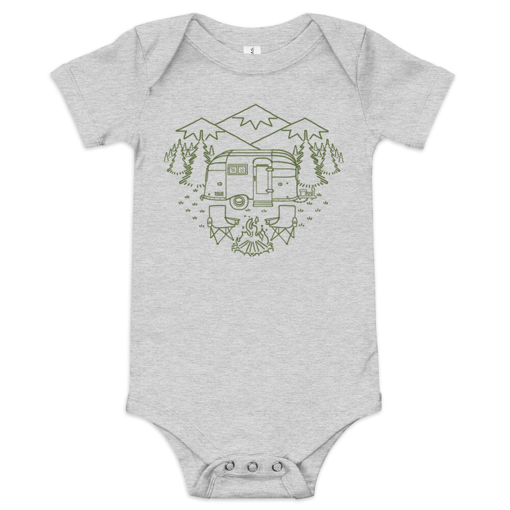 Baby Camp Site Retro Hiking Extra Soft One Piece | Cool Mountains Romper | Solid Threads