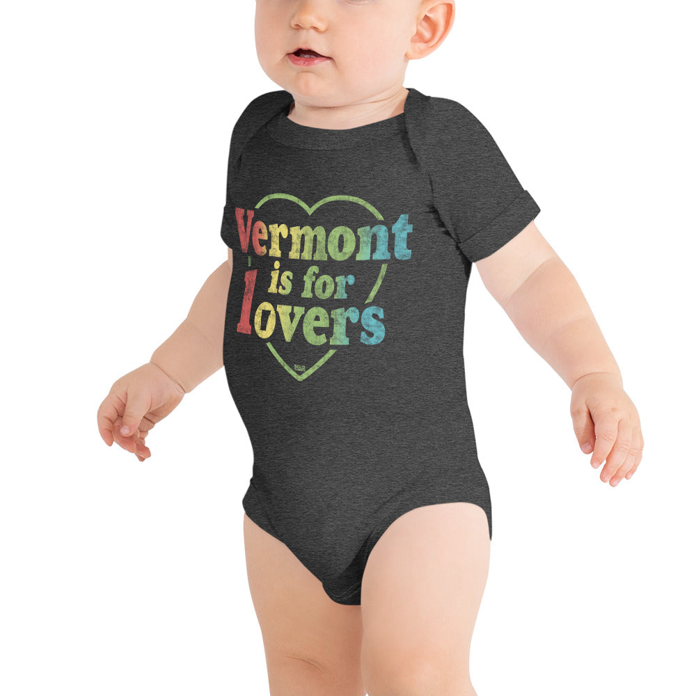 Baby Vermont Lovers Cool Extra Soft One Piece | Cute Green Mountains Romper On Model | Solid Threads