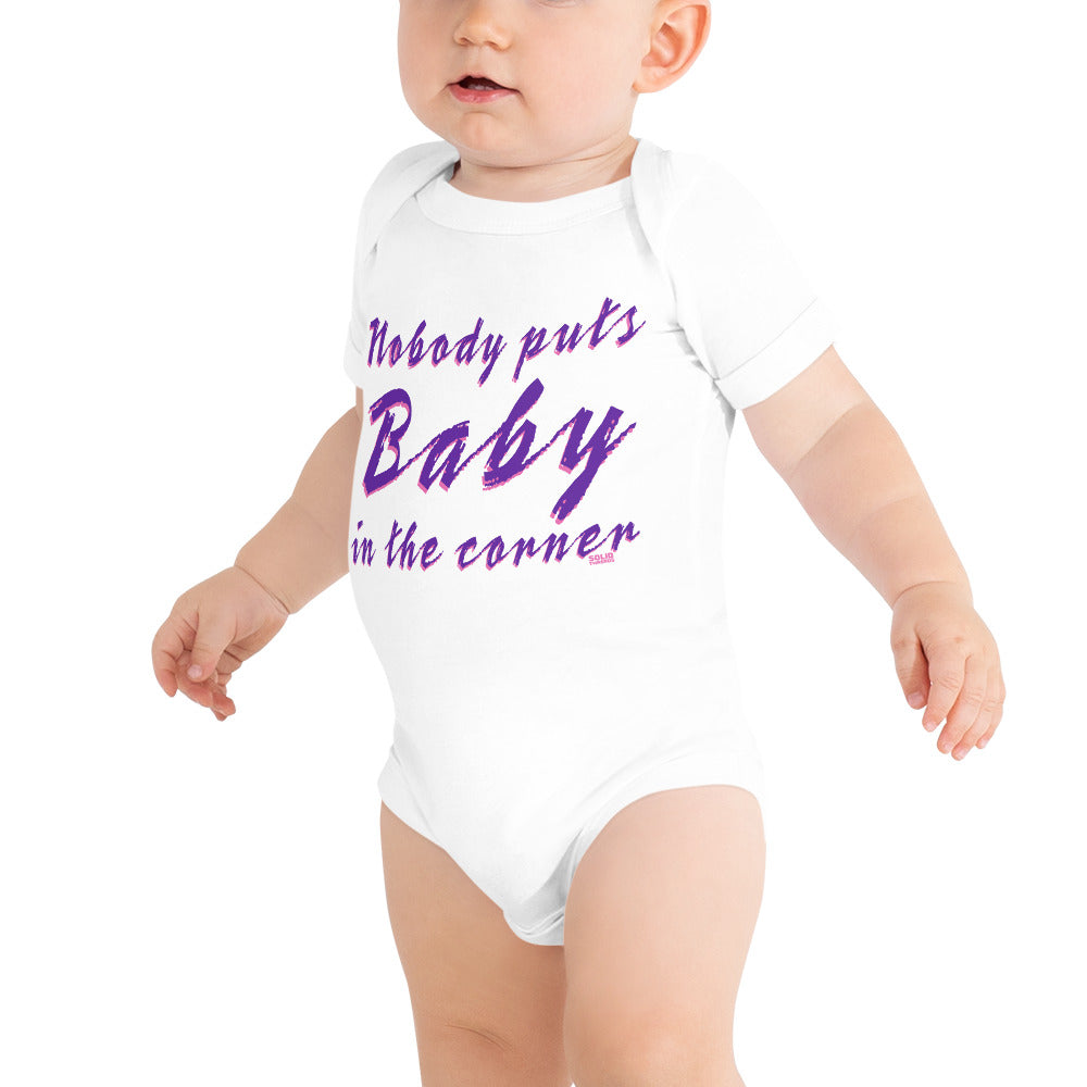 Baby Puts Baby In The Corner Retro Extra Soft One Piece | Cool 80s Romper On Model | Solid Threads