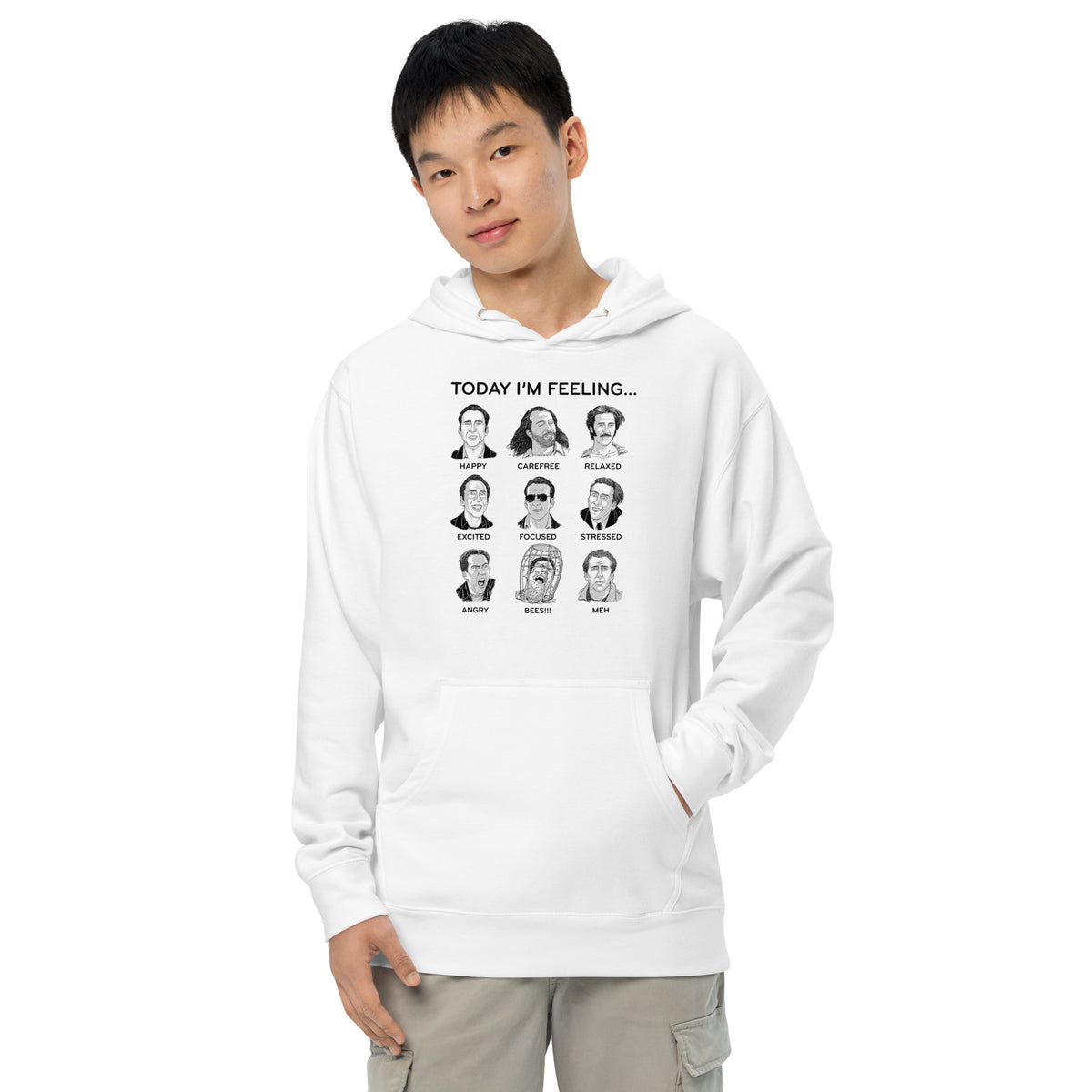 Nicolas Cage Mood Board Funny Meme Graphic Midweight Pullover Hoodie | Cool Faces Today Fleece on Model | Solid Threads