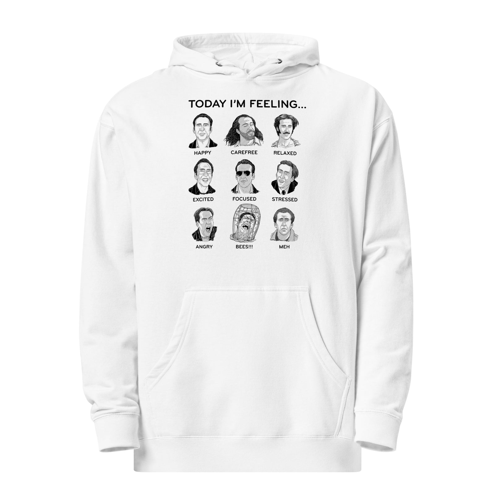 Nicolas Cage Mood Board Funny Meme Graphic Midweight Pullover Hoodie | Cool Faces Today Fleece | Solid Threads