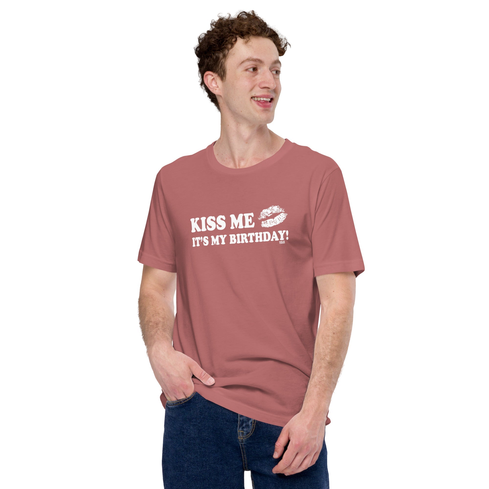 Men's Kiss Me It's My Birthday Vintage Inspired T-shirt | Cool Retro Funny Celebration Soft Style Tee on Model | Solid Threads