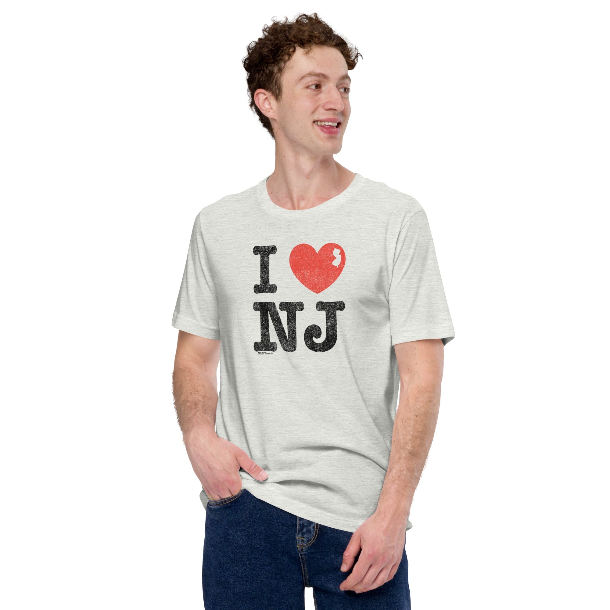 Men's I Heart NJ Vintage Jersey Pride Soft Style Tee | Retro The Garden State T-shirt on Model | SOLID THREADS