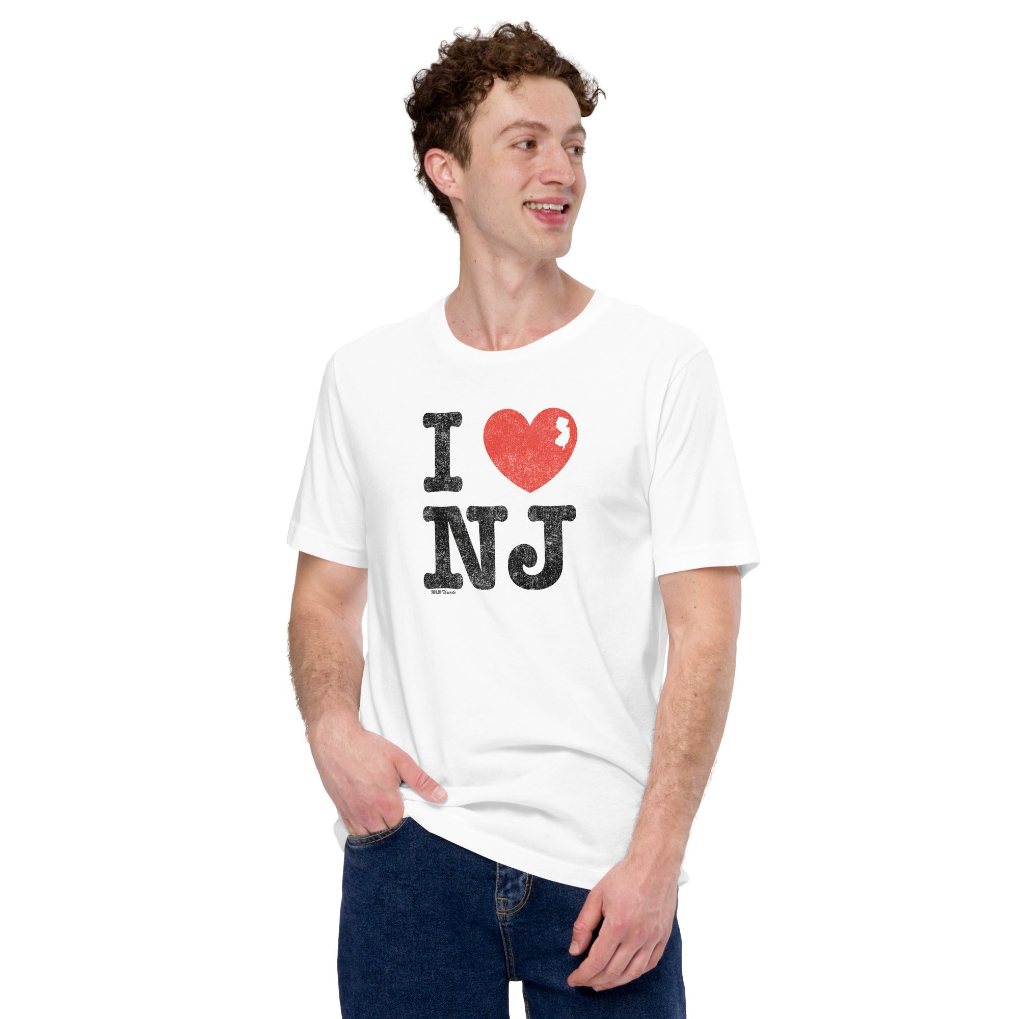 Men's I Heart NJ Vintage Jersey Pride Soft Style Tee | Retro The Garden State T-shirt on Model | SOLID THREADS