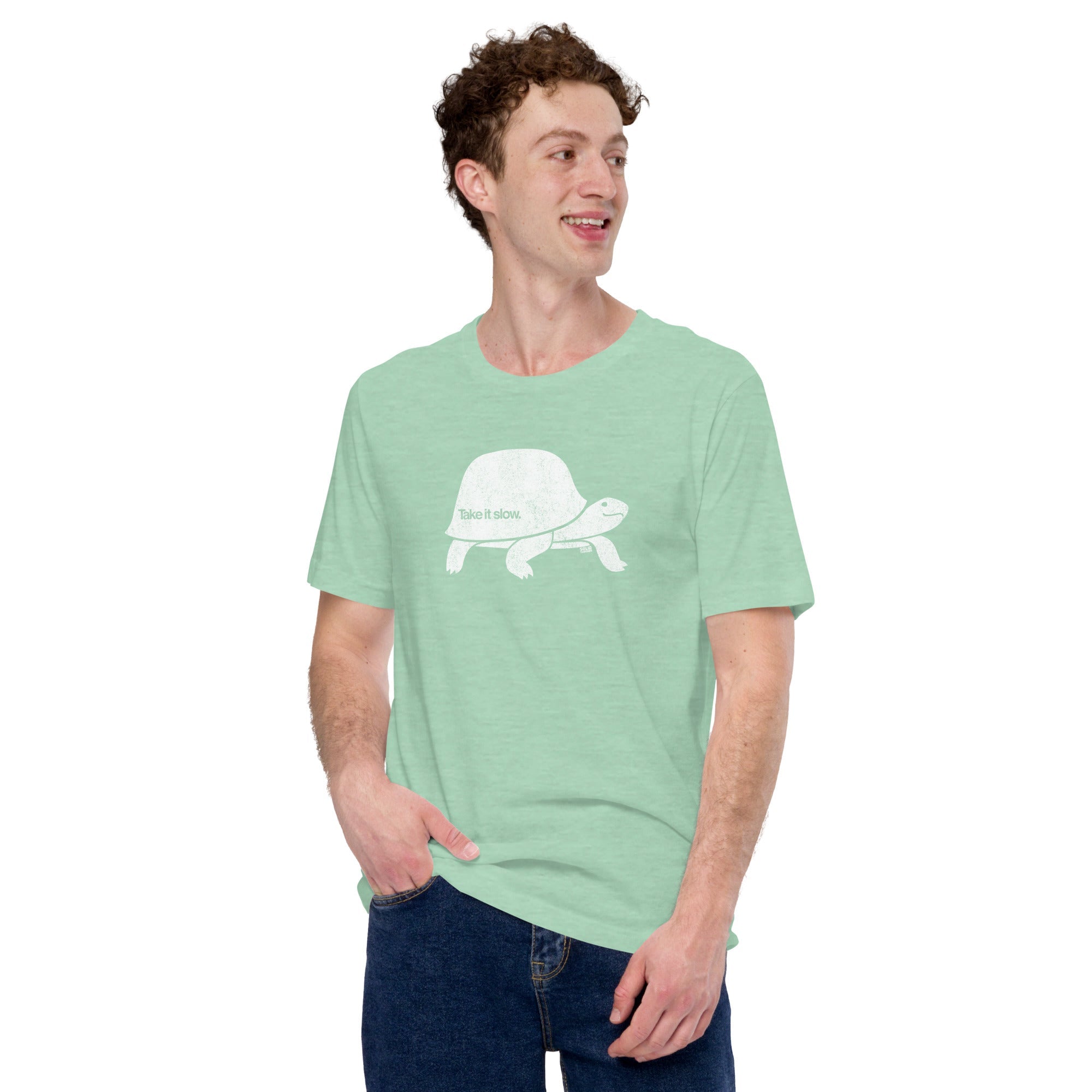 Men's Take It Slow Vintage Soft Style T-Shirt | Cool Turtle Tee On Model | Solid Threads