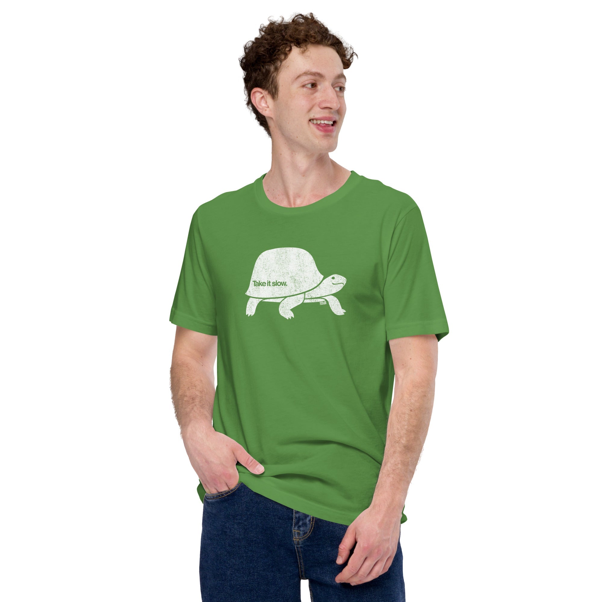 Men's Take It Slow Vintage Soft Style T-Shirt | Cool Turtle Tee On Model | Solid Threads