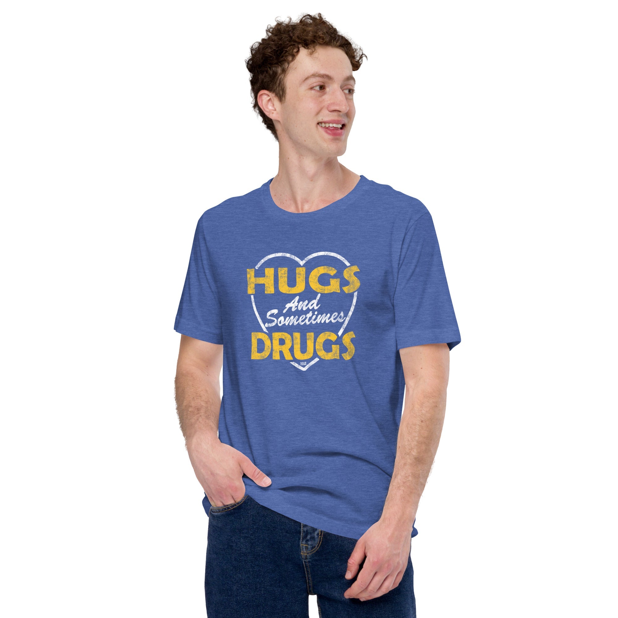 Men's Hugs And Sometimes Drugs Retro Soft Style T-Shirt | Funny Festival Tee | Solid Threads