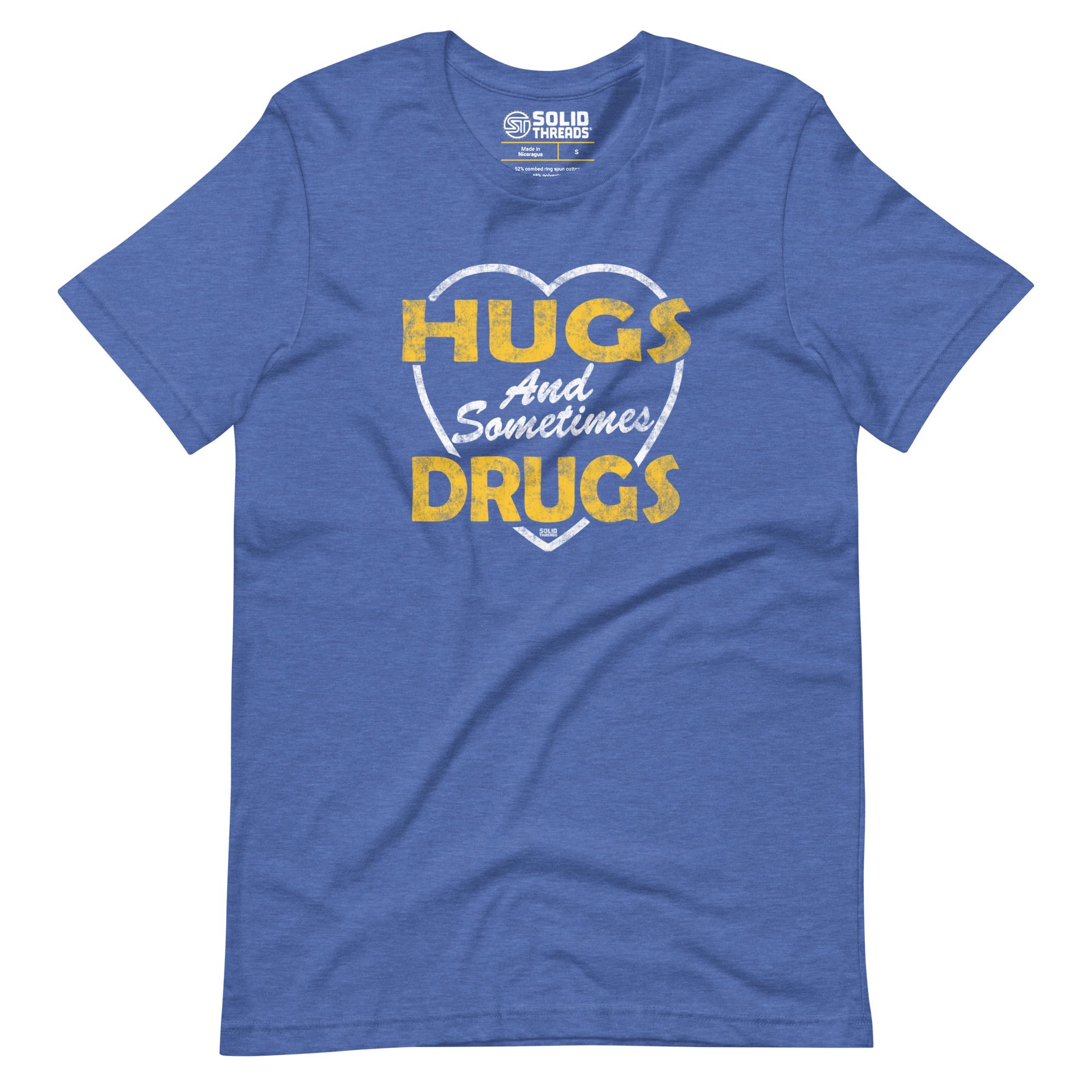 Men's Hugs And Sometimes Drugs Retro Soft Style T-Shirt | Funny Festival Tee | Solid Threads